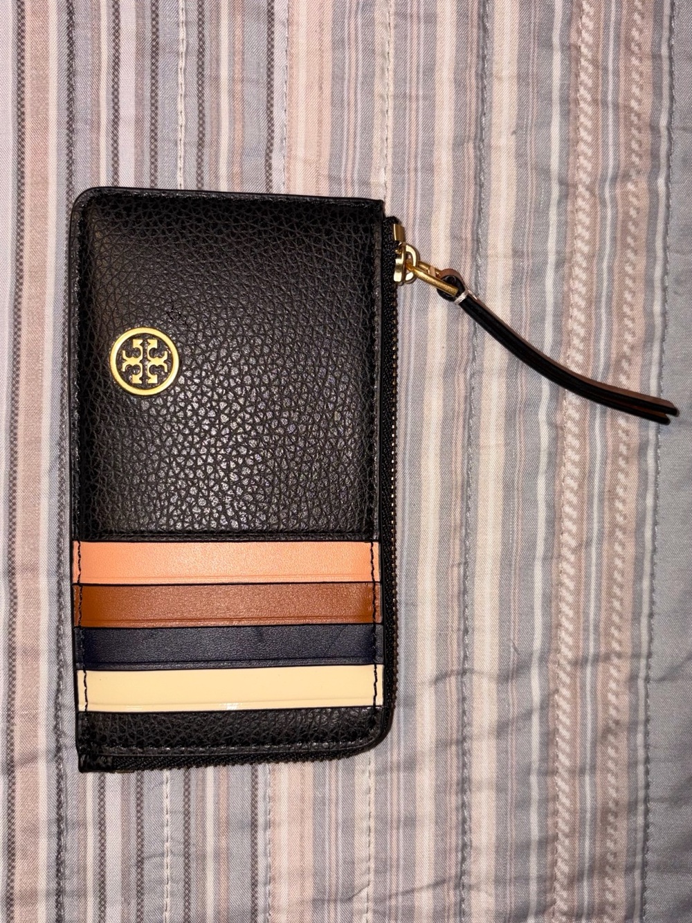 Tory Burch Black Leather Zip Wristlet Phone Case with Multicolor Card Slots
